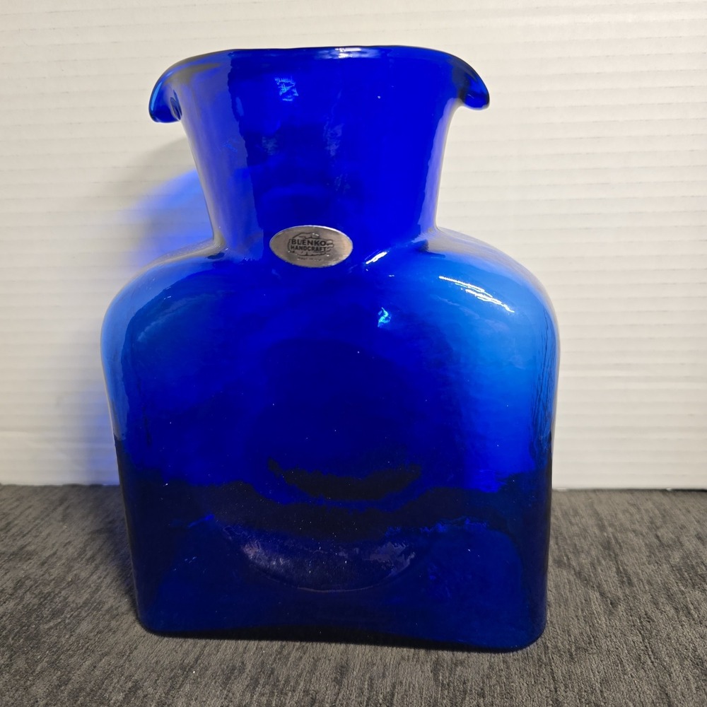 Blenko Hand Blown Cobalt Blue Water Bottle Pitcher Vase 8 Inches Collectable